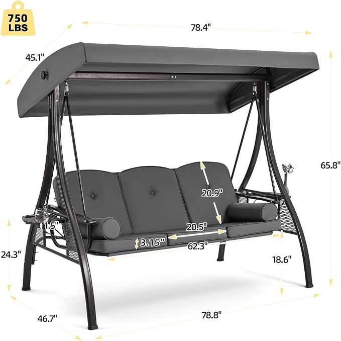 HOMREST 3 Person Outdoor Porch Swing - Image 2
