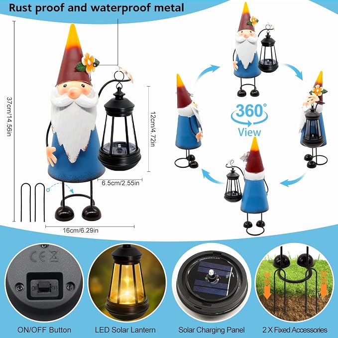 Solar Garden Gnome Statue with Lights, 14.56in Tall Solar Gnome Garden - Image 3
