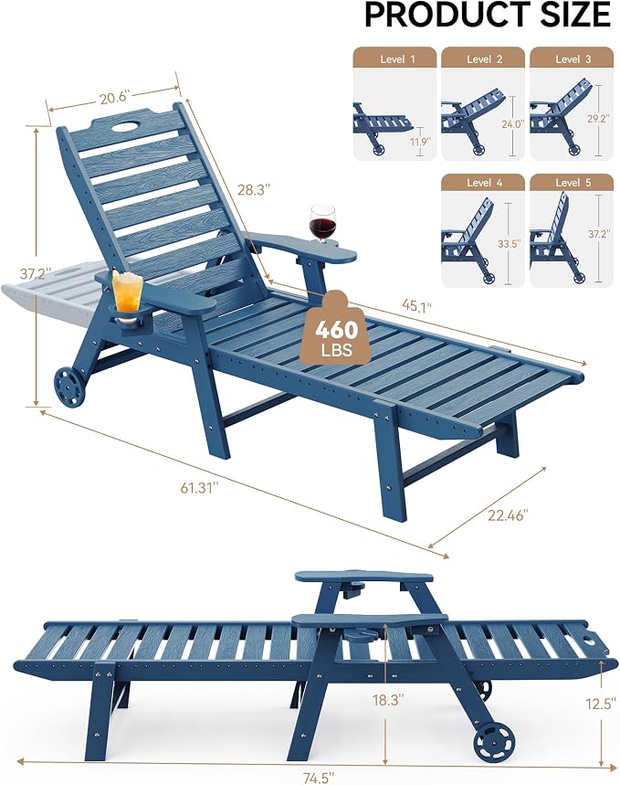 Carauci Lounge Chair Outdoor Set of 4, HDPE Chaise Lounge - Image 3