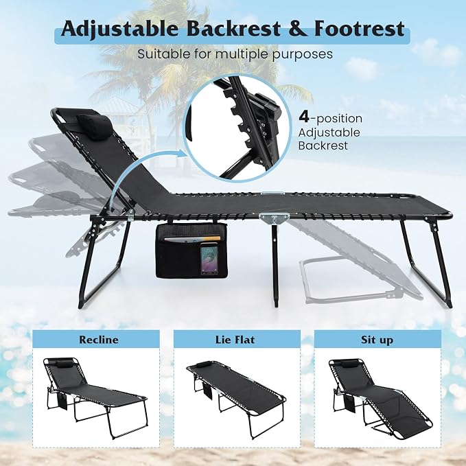 GYMAX Lounge Chair for Outside, 440lbs 27” Oversize Folding Beach Tanning - Image 4