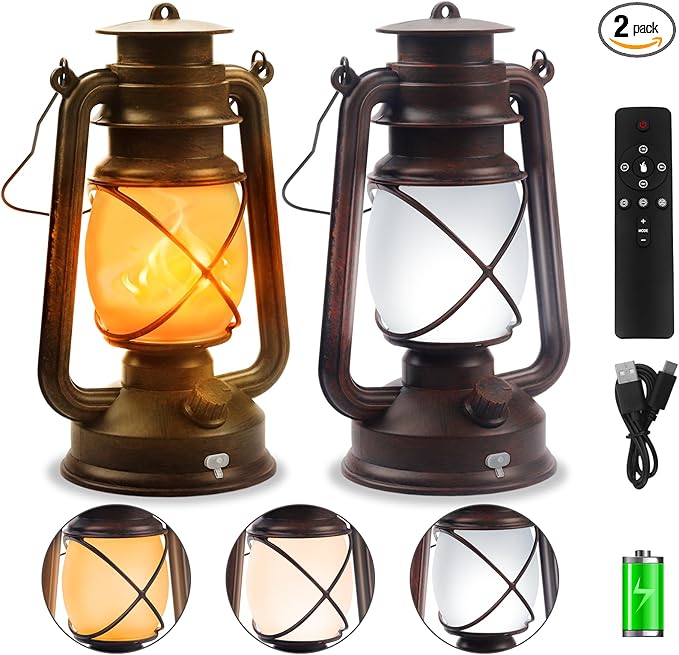 2 Pack Bronze Vintage 4 Modes Light LED Lanterns，Rechargeable Dancing Flame by Wondrastical