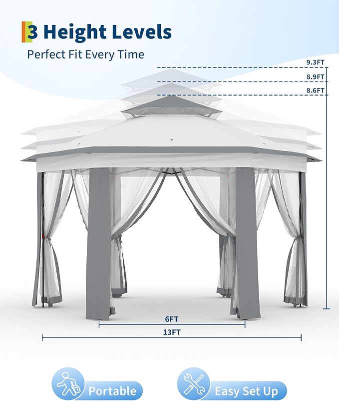 13'x13' Pop-Up Gazebo, Outdoor Hexagonal Patio Gazebo - Image 5