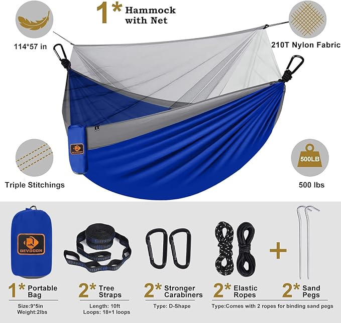 Camping Hammock with Net, Portable Lightweight Double Hammocks with Tree Straps - Image 2