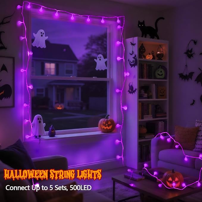 LORRYTE Connectable Purple Halloween Lights Outdoor Indoor - 43FT 100LED Globe - Image 6