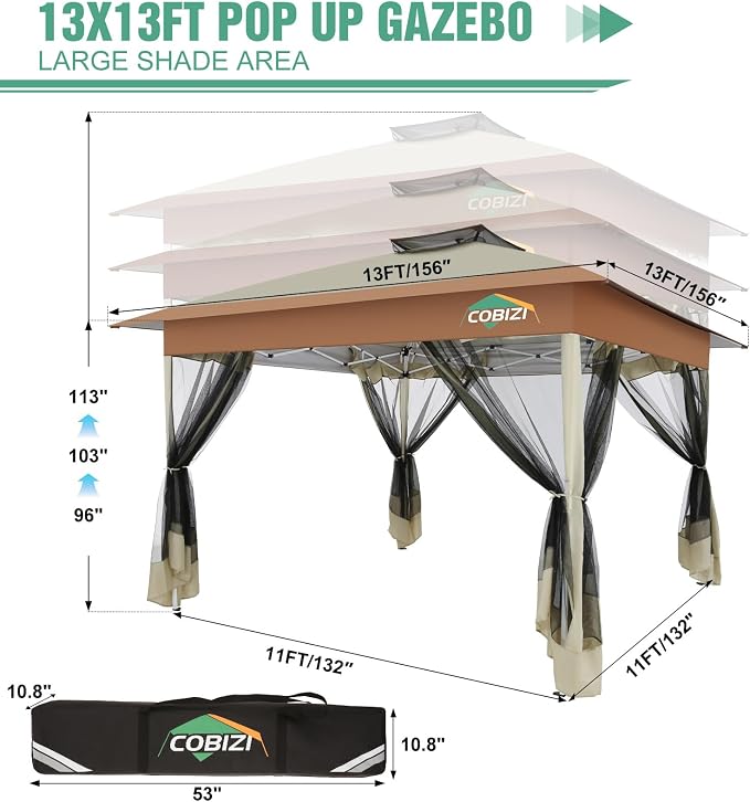 COBIZI Gazebo 13x13 Pop Up Canopy, Gazebos on Clearance - Image 3