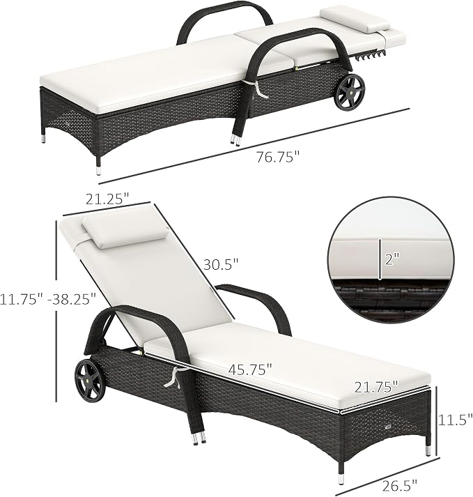 Outsunny Wicker Outdoor Chaise Lounge, 5-Level Adjustable Backrest PE Rattan - Image 3
