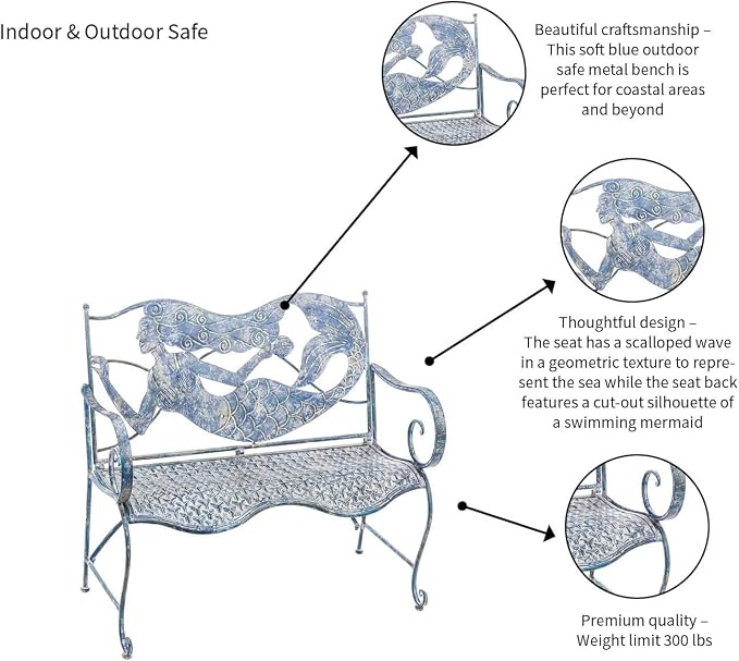 Evergreen Garden Mermaid Garden Bench Outdoors & Indoors | Cast Iron Metal - Image 2