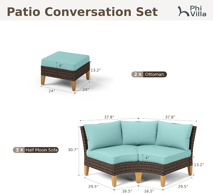PHI VILLA 4-Piece Curved Patio Furniture Set, Half-Moon Wicker Sectional - Image 2