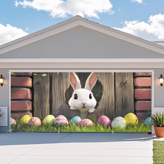 ANNA QUEEN Easter Bunny Garage Door Banner 6x13FT, Cute Rabbit Peeking Through - Image 7