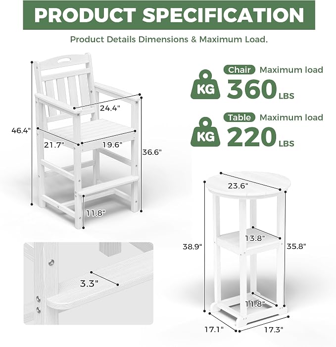 Outdoor Bistro Bar Set, Patio High Top Table and Bar Height Tall Adirondack - Image 4