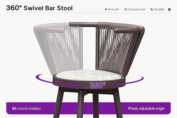 PURPLE LEAF Outdoor Swivel Bar Height Stools Set of 2 Metal Modern Wicker Bar - Image 4