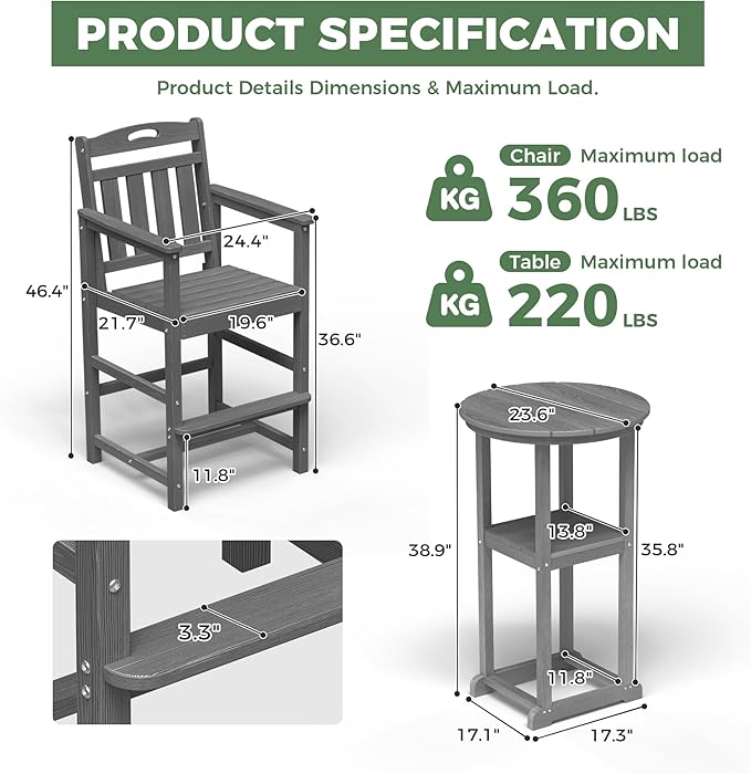 Outdoor Bistro Bar Set, Patio High Top Table and Bar Height Tall Adirondack - Image 4