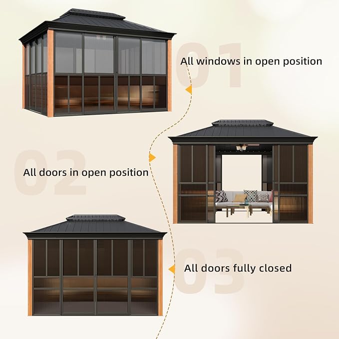 EROMMY 10' X 12' Hardtop Sunroom, Galvanized Steel Double Roof Gazebo Solarium - Image 8