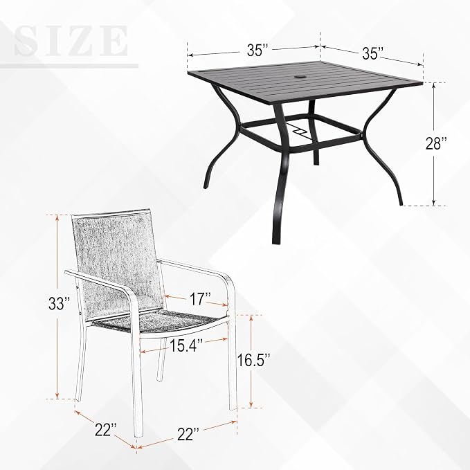 5 Piece Patio Dining Set, Outdoor Black Sling Stackable Chairs and 35" Square - Image 2