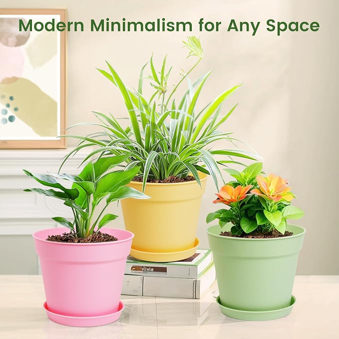 10 Pack 6 Inch Plant Pots with Drainage and Saucers, Plastic Flower Pots - Image 6