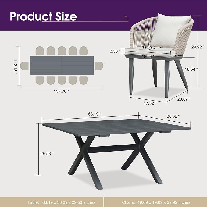 PURPLE LEAF 14 Pieces Patio Dining Set Wicker Outdoor Furniture Rectangular - Image 8