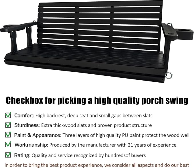 Wooden Porch Swing 3-Seater, High Backrest and Deep Seat, Bench Swing - Image 4