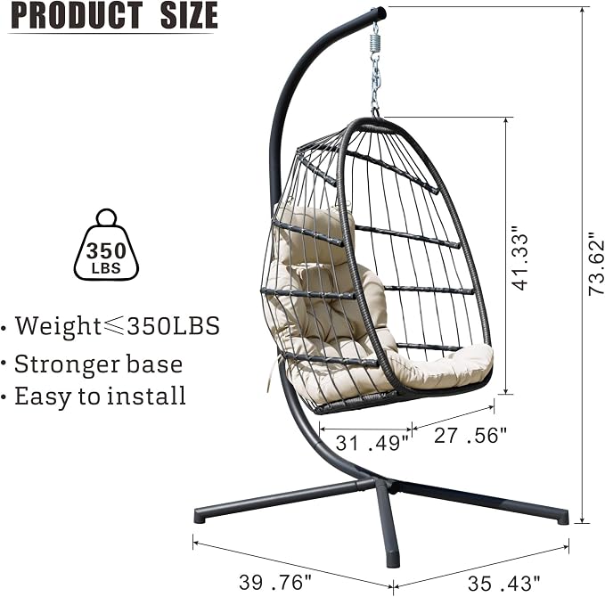FREDEES Egg Swing Chair with Stand, Outdoor Hanging Egg Chair with Cushion - Image 2