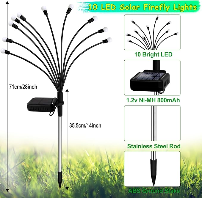 Kohlrabi Solar Garden Lights Outdoor, 10 Pack 80 LED Solar Firefly Lights - Image 2