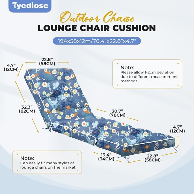 Outdoor Chaise Lounge Chair Cushion, Waterproof Non-Slip Patio Chaise Lounge - Image 3