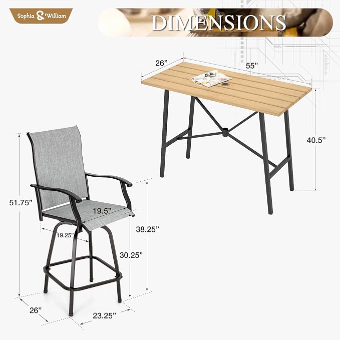 Sophia & William Outdoor Bar Set, Patio Bar Table and Chairs Set, Bar Height - Image 6