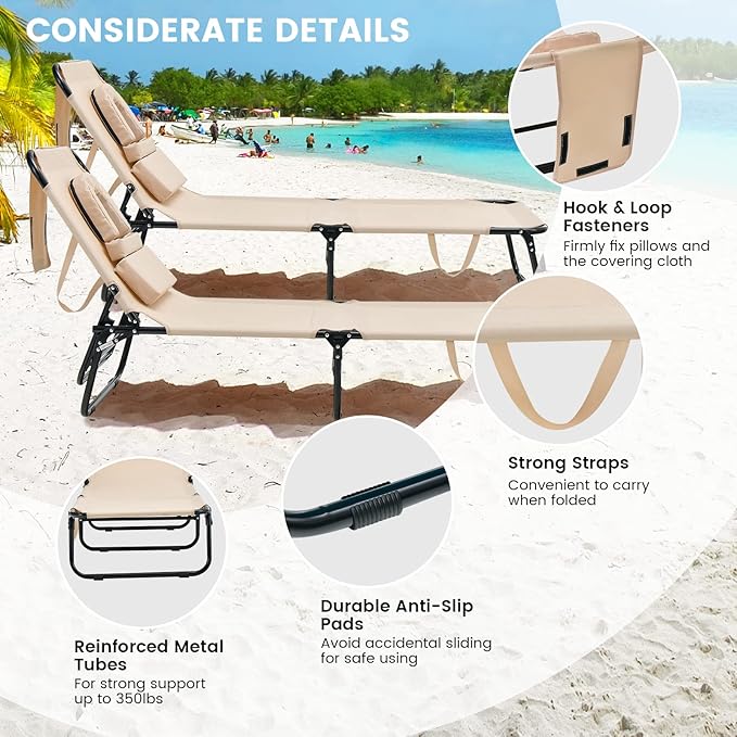 GYMAX Tanning Chair, 350lbs Beach Lounge Chair - Image 5