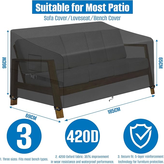 SIRUITON 4-Seat 73" W x 27" D x 35" H Garden Patio Sofa/Loveseat/Bench Cover - Image 2