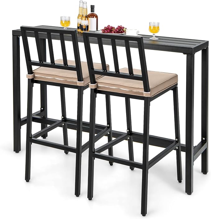 COSTWAY 3 Piece Outdoor Patio Bar Set, Metal Bar Table and Chairs Set by COSTWAY