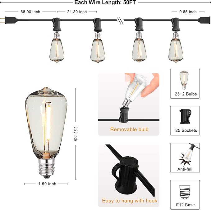 DAMAING Outdoor String Lights 50 FT Waterproof Patio Light String Lights - Image 6