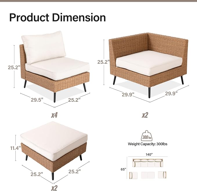 LAUSAINT HOME Outdoor Patio Furniture, 8 Piece Outdoor Sectional Sofa PE Rattan - Image 7
