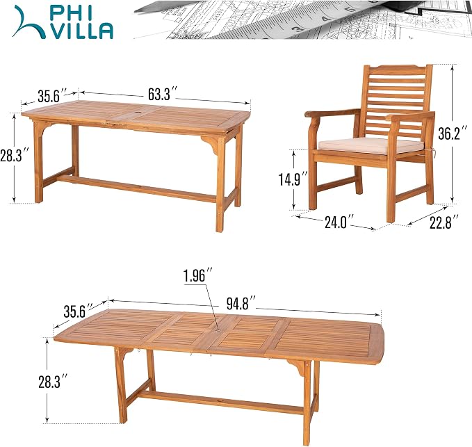 PHI VILLA 7 PCS Acacia Wood Outdoor Dining Set - Image 7