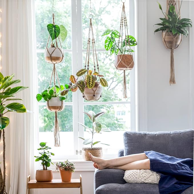 Mkono Macrame Plant Hangers Set of 4 Indoor Hanging Planter Basket Wall - Image 2
