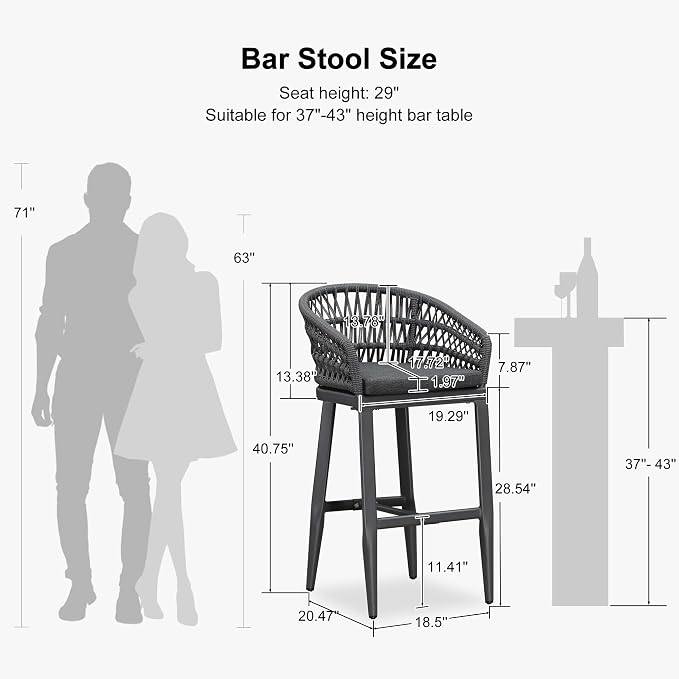 PURPLE LEAF Outdoor Rattan 29" Bar Stools Set of 2, Modern Boho Aluminum Patio - Image 3