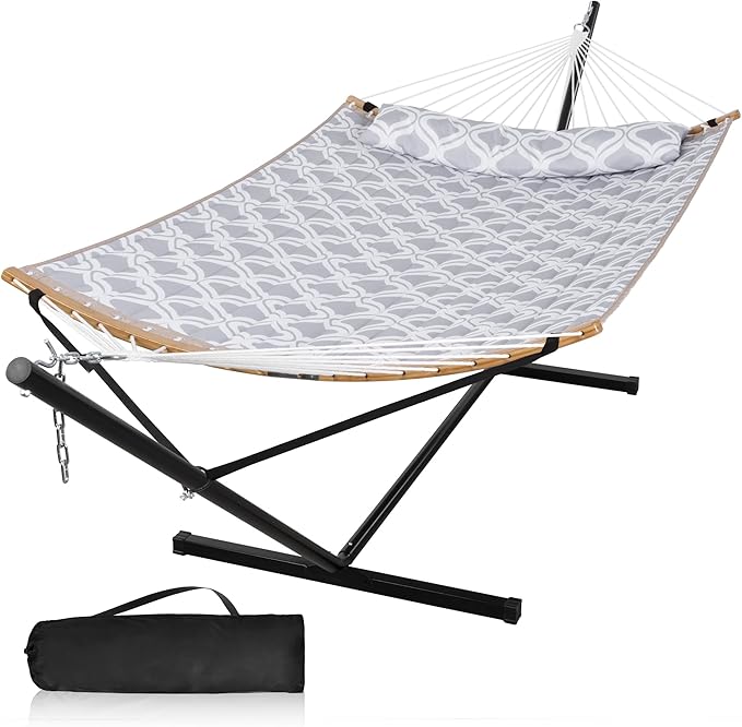 Large Hammock with 12FT Steel Stand, Freestanding Hammock with Curved Spreader by MansionHome