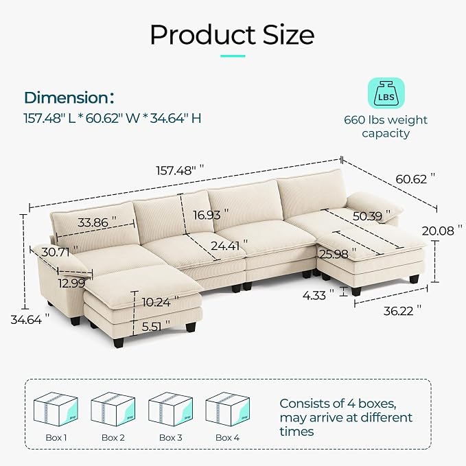 LINSY HOME 157'' Modular Sectional Sofa Beige Couch Corduroy Cloud Couches - Image 2