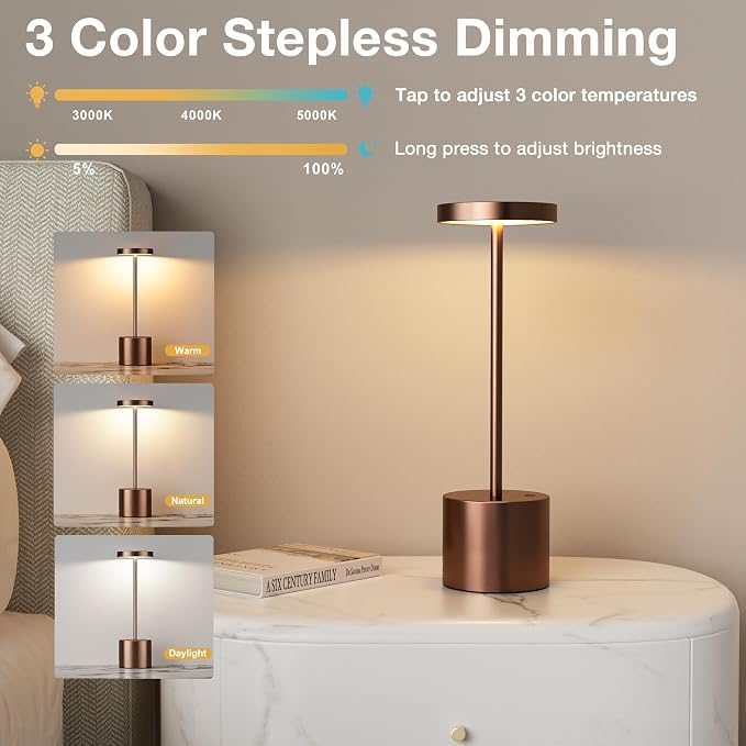 Kakanuo Brown Cordless Lamp Set, Rechargeable Lamp, 3 Color Temperature - Image 2