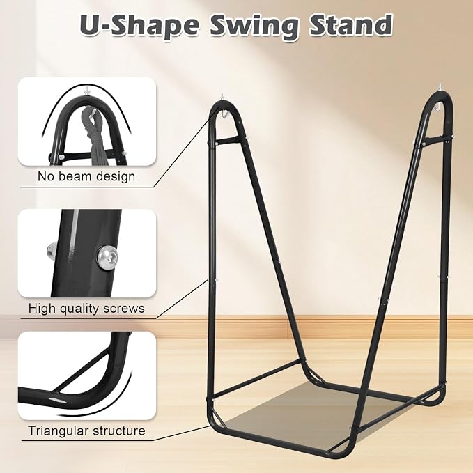 Hammock Chair with U Shape Stand, Cotton Swing Chair with Side Pocket, - Image 3