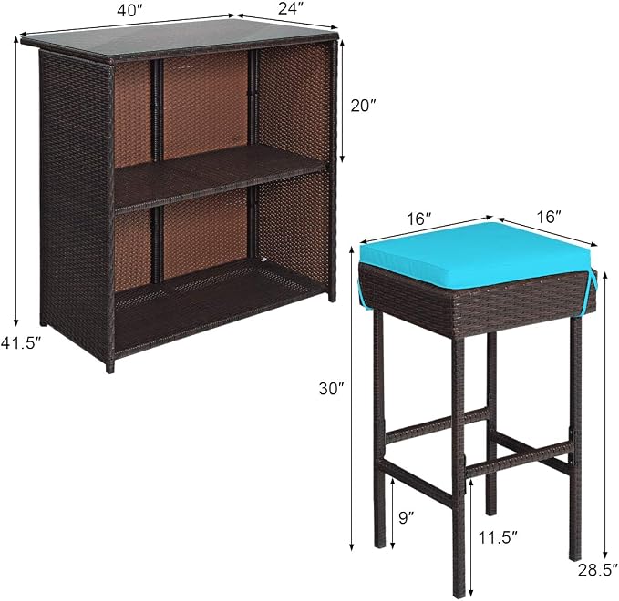 HAPPYGRILL 3-Pieces Patio Bar Set Rattan Wicker Bar Stools & Table - Image 8