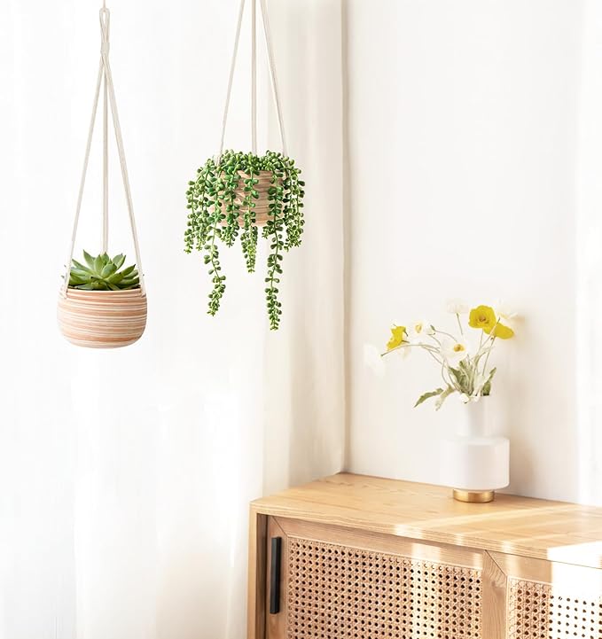 Mkono Ceramic Hanging Planter Macrame Plant Holder 5 Inch Cute Succulent Cactus - Image 5