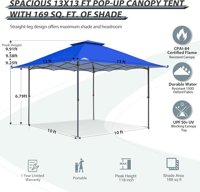EAGLE PEAK 13x13 Straight Leg Pop Up Canopy Tent Instant Outdoor Canopy Easy - Image 3