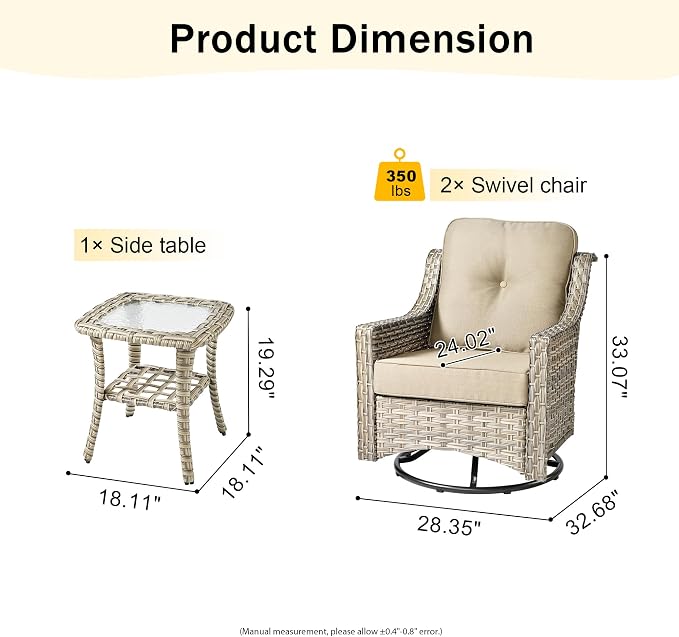 HOOOWOOO 3 Piece Patio Furniture Bistro Sets, Outdoor Wicker Swivel Rocking - Image 7