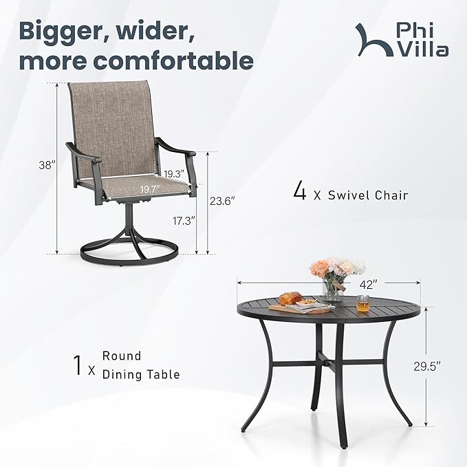 PHI VILLA 5 pcs Patio Dining Set, Outdoor Swivel Dining Chairs 4 and Round - Image 7