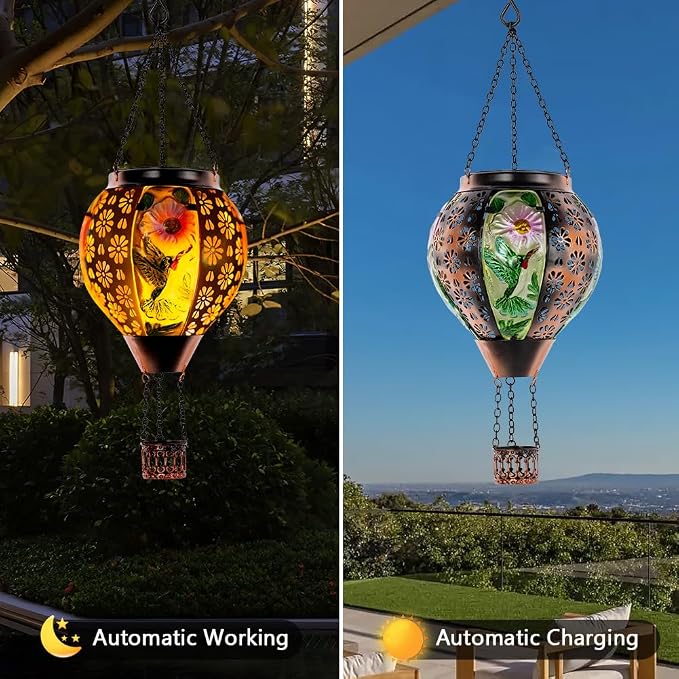 DREAMSOUL Hummingbird Hot Air Balloon Solar Lantern, Metal & Glass Flickering - Image 5