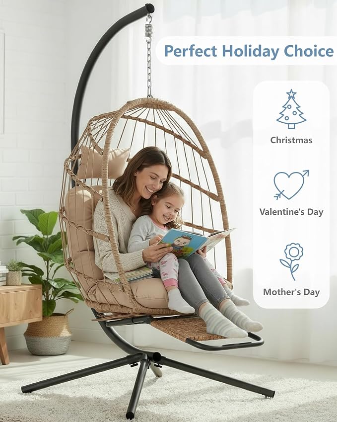 SWITTE Egg Chair Outdoor with Footrest & Stand, Indoor Wicker Hanging Egg Swing - Image 2