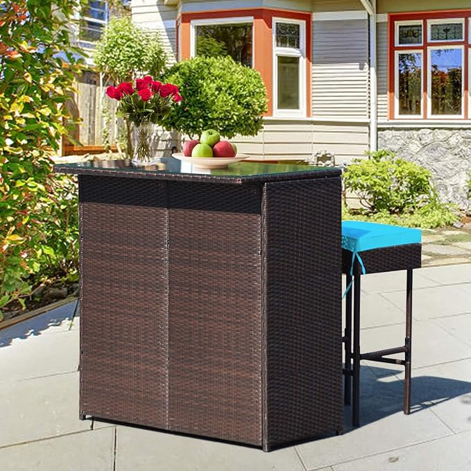 HAPPYGRILL 3-Pieces Patio Bar Set Rattan Wicker Bar Stools & Table - Image 3