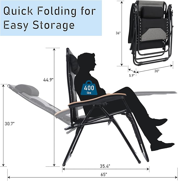 PHI VILLA XXL Oversized Padded Zero Gravity Chair, Foldable Patio Recliner - Image 3