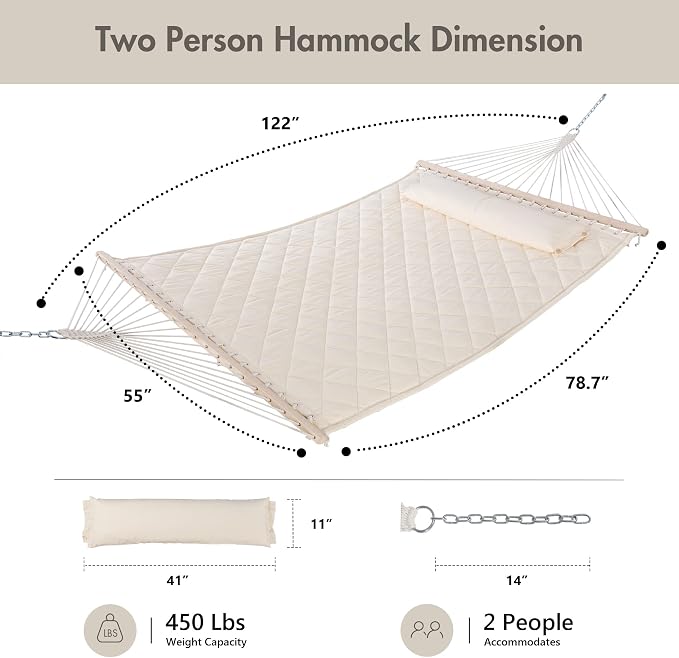 ANOW Two Person Hammock with Spreader Bars and Detachable Pillow, Heavy Duty - Image 6