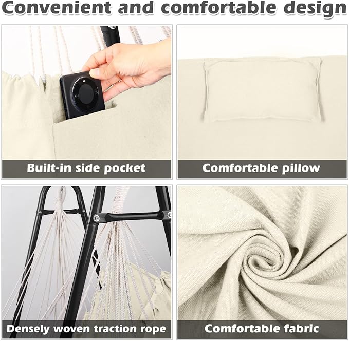 Hammock Chair with U Shape Stand, Cotton Swing Chair with Side Pocket, - Image 4