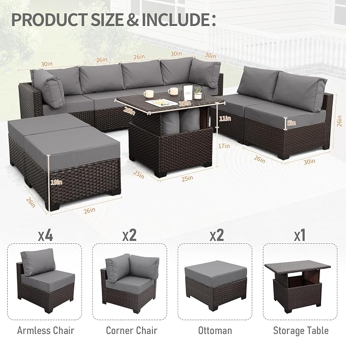 9 Pieces Wicker Patio Furniture Set Outdoor PE Rattan Sectional Conversation - Image 3