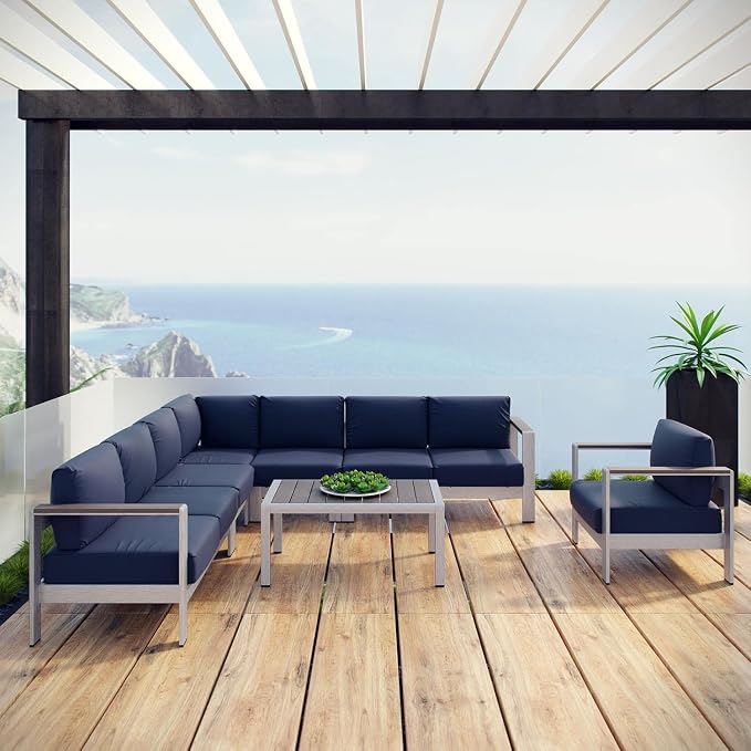 Modway Shore 7-Piece Aluminum Outdoor Patio Sectional Sofa Set in Silver Navy - Image 2